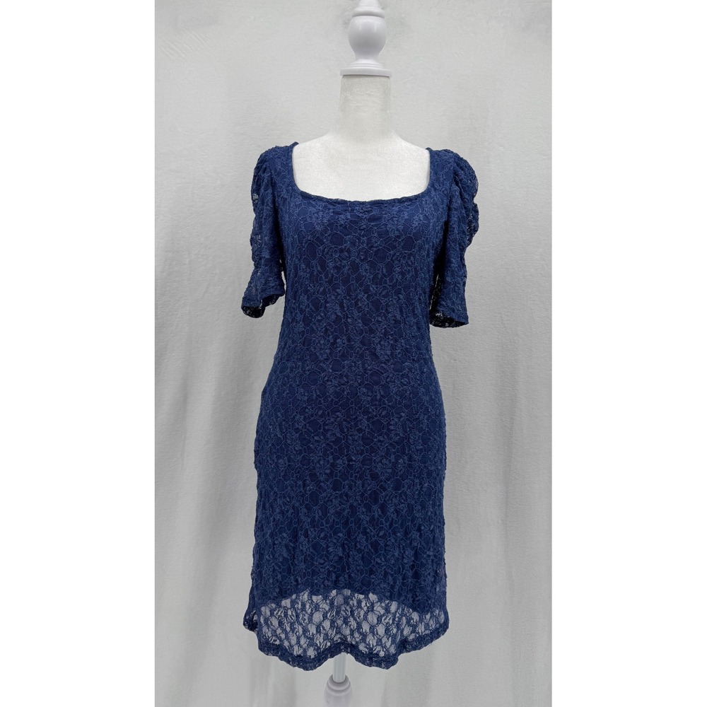 Free People Blue Floral Lace Square Neck Puff Sleeve Mini Dress M Indie 90s